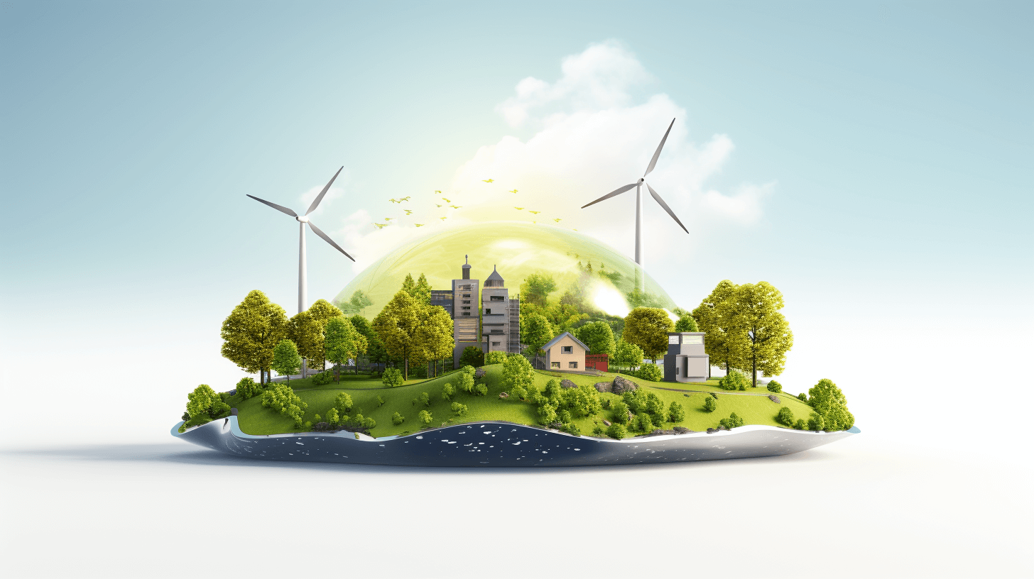 3D rendering of an island with wind turbines and green trees inside the dome, surrounded by a blue sky and white clouds. The scene includes buildings on top of the earth in harmony with nature. This is a concept for sustainable energy use and environmental protection, such as renewable power plants or ecofriendly danger signs. The image has high resolution and clarity, showcasing clean technology design with natural elements in the style of natural elements.