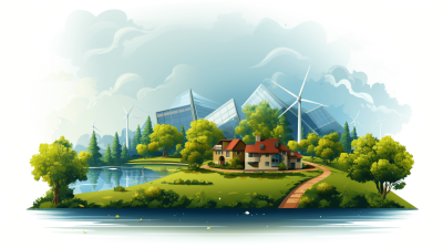 A vector illustration of an eco-friendly house surrounded by greenery and trees. On the right side there are solar panels and wind turbines. In front there is a water lake with beautiful clouds in the sky. Behind that are modern buildings with glass walls, in a flat design on a white background. The illustration is high resolution, high quality and high detail, like a 3d render, with a green color palette.