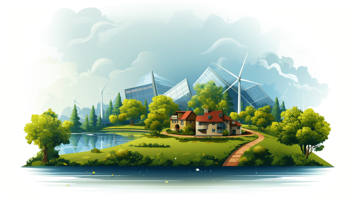 A vector illustration of an eco-friendly house surrounded by greenery and trees. On the right side there are solar panels and wind turbines. In front there is a water lake with beautiful clouds in the sky. Behind that are modern buildings with glass walls, in a flat design on a white background. The illustration is high resolution, high quality and high detail, like a 3d render, with a green color palette.