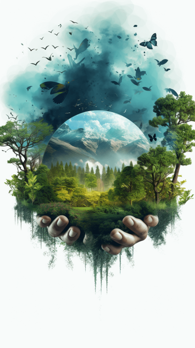 a realistic digital illustration of an earth planet surrounded by trees and nature, hands holding the world from below with forest landscape inside, birds flying around in white background, fantasy style, cool color tones, green blue sky, magical atmosphere, high resolution, digital art