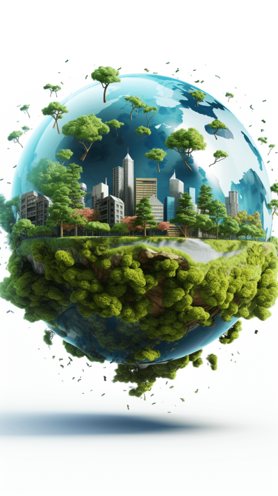 3d rendering of planet earth with greenery and city on white background. Eeature cartoon style, low detail. Realistic image. The entire globe is covered in lush trees, creating an atmosphere of harmony between nature and urban life. There's also some mist around the world to add depth. This concept symbolizes environmental protection and sustainable development. The design conveys sustainability and captures people’s attention about protecting our environment.