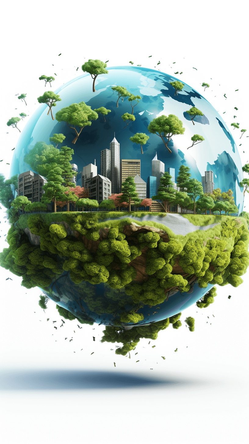 3d rendering of planet earth with greenery and city on white background. Eeature cartoon style, low detail. Realistic image. The entire globe is covered in lush trees, creating an atmosphere of harmony between nature and urban life. There’s also some mist around the world to add depth. This concept symbolizes environmental protection and sustainable development. The design conveys sustainability and captures people’s attention about protecting our environment.