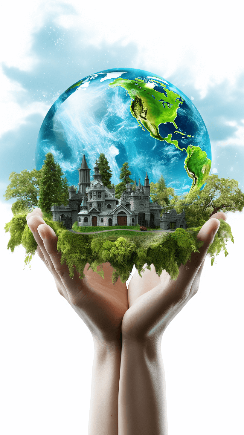 world in the hands of young girl, earth with green trees and blue sky above castle on it, vector illustration style, white background, high resolution, professional photograph, HDR, sharp focus, studio lighting, intricate details, highly detailed