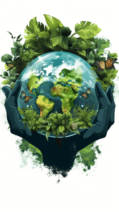 A digital illustration of the Earth surrounded by greenery and butterflies, held in two hands with black gloves, symbolizing environmental protection and sustainability. Isolated on a white background for removing the background.