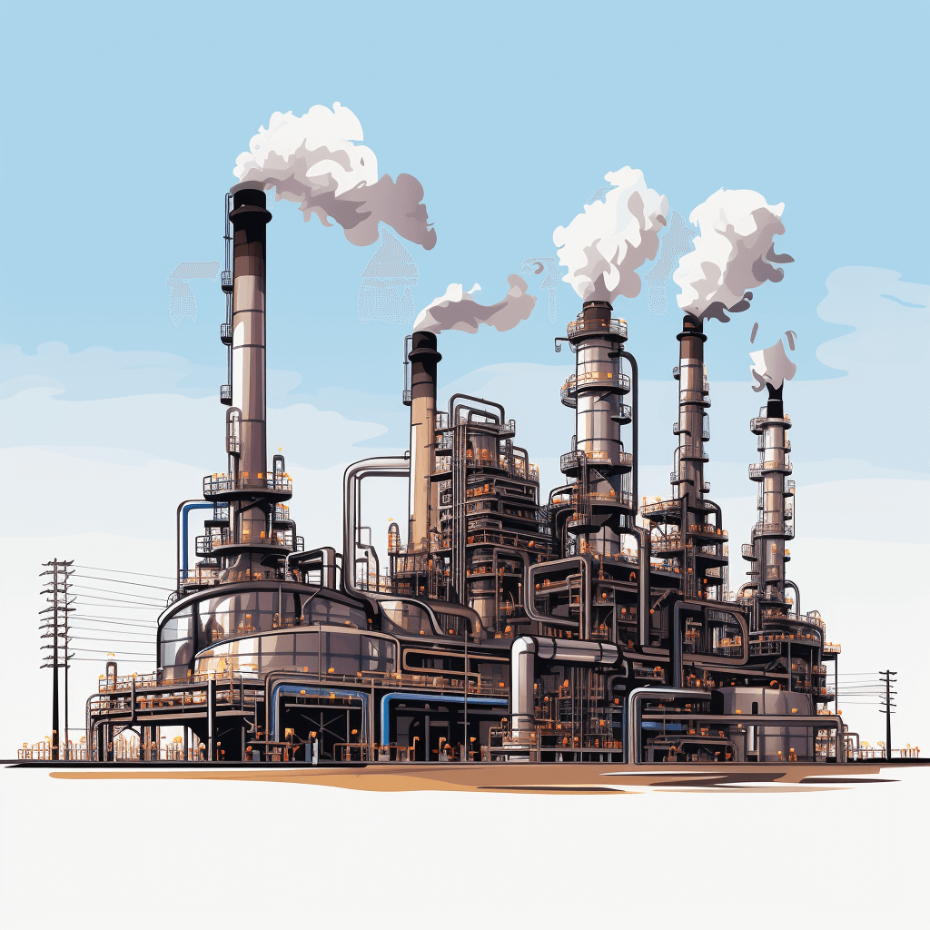 Cartoon style, vector illustration of an industrial plant with smokestacks and oil tubes. Blue sky background. Flat design without shadows. No gradients. Vector graphics in the style of Adobe Illustrator. White backgroun. In detailed vector art, showcasing a factory building adorned with steam pipes and visible machinery. The scene includes tall stacks billowing white clouds into the blue sky, surrounded by other energy vehicles on the ground. The overall feel is clean and modern.