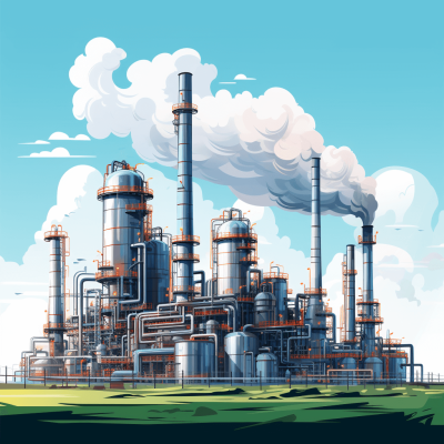 Cartoon style, vector illustration of an industrial plant with smoke coming out from the chimney, surrounded by large tanks and pipes. The background is blue sky with white clouds, and there's green grass in front of it. In cartoon style, the buildings are detailed and have metallic surfaces. There should be no people or animals present.