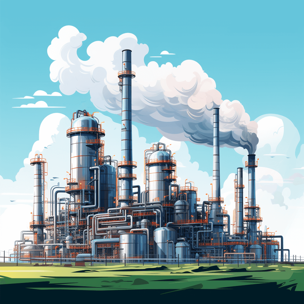 Cartoon style, vector illustration of an industrial plant with smoke coming out from the chimney, surrounded by large tanks and pipes. The background is blue sky with white clouds, and there’s green grass in front of it. In cartoon style, the buildings are detailed and have metallic surfaces. There should be no people or animals present.