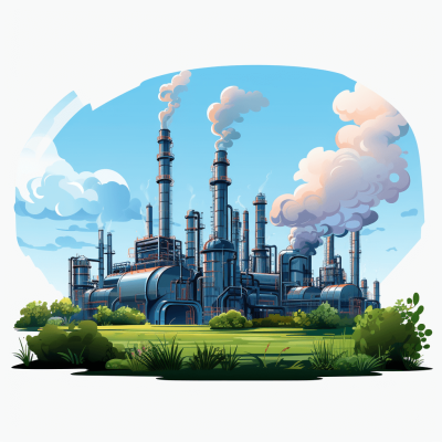 Cartoon style oil factory with smokestacks and plants in front, clip art cartoon vector illustration, flat design, detailed character designs, white background, full body portrait, group, cartoon realism, funny character illustrations, bold color palette, high resolution, high detail, high quality textures, high texture details, low contrast, no sharpness, in the style of no shading,