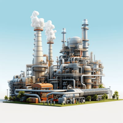 A highly detailed, high resolution render of an industrial plant isolated on a white background. Rendered in Octane, with a 3D aesthetic and a plastic-like texture. The scene includes smokestacks, pipes, large buildings, trees, grassy areas, and other equipment. It is set against a blue sky backdrop, creating a clean and modern look. This rendering showcases the complex structure of the factory in a realistic yet stylized manner in the style of the artist.