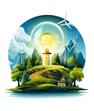 A green energy illustration with wind turbines, solar panels and an illuminated light bulb on top of the mountain in a vector style, flat design, on a white background, with a green landscape including trees, a river and a house, in a circular shape. Vector Illustration. A bright yellow glow emanates from within the glowing lampshade. The scene includes three large windmills turning gracefully against a clear blue sky, adding to its ecofriendly theme. In front is a small cozy home nestled among lush forested hills. The illustration is in the style of vector art.