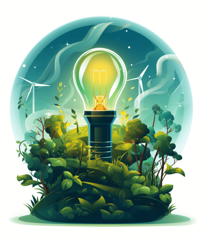 A vector illustration of an illuminated light bulb standing on the ground surrounded by green trees and plants, wind turbines in background, glowing light effects around it, isolated white background, clipart style, 2d graphics, sharp lines, bright colors