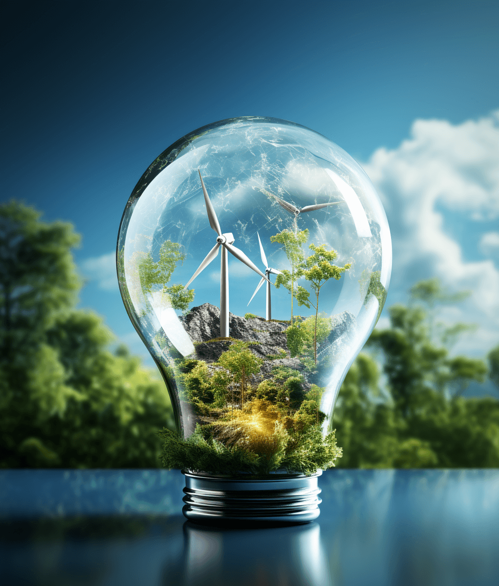 A light bulb with wind turbines and greenery inside, symbolizing the integration of renewable energy in modern buildings. High resolution photography, stock photo.