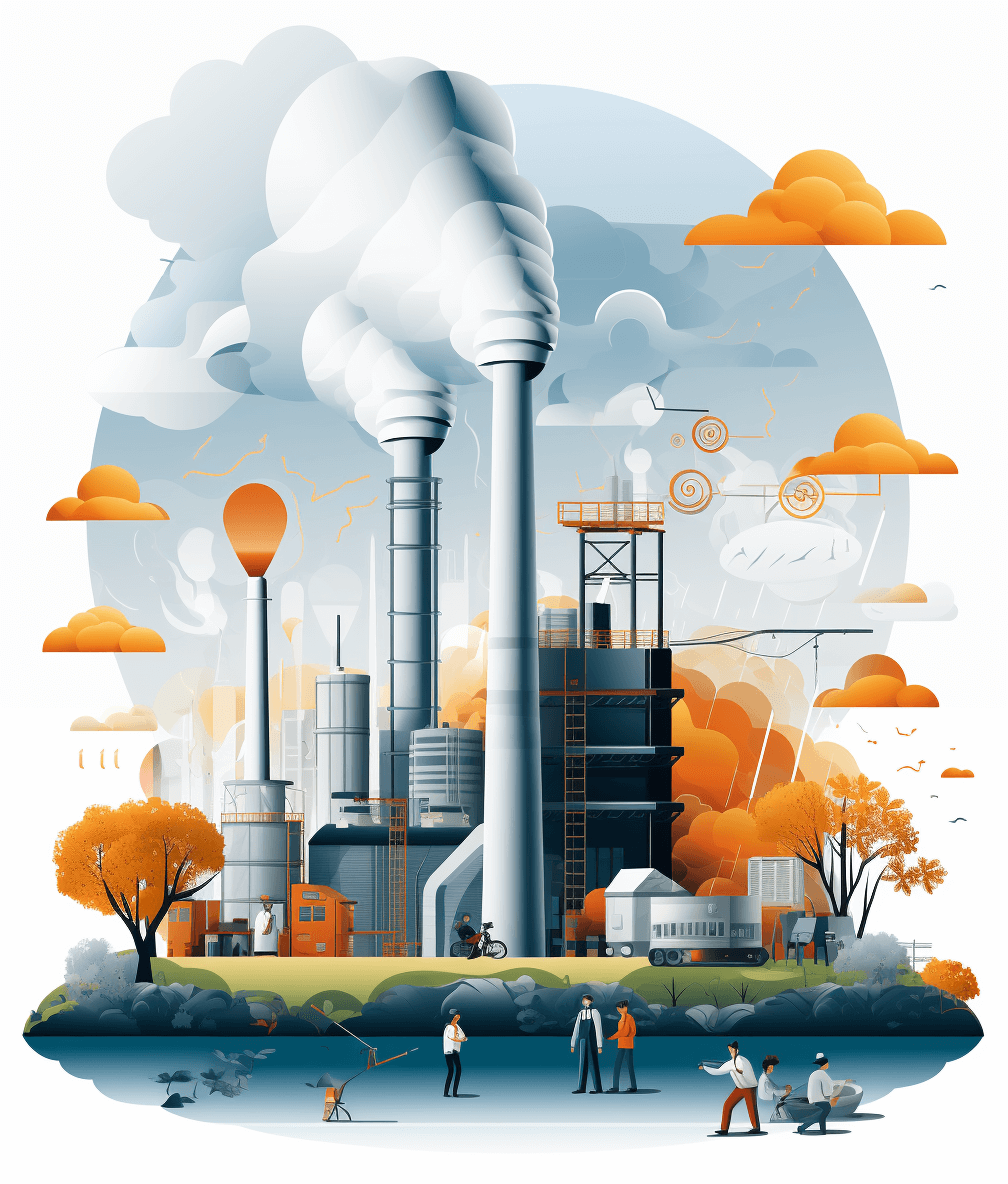 A flat illustration of an industrial factory and workers, with white smoke from chimneys in the sky. Simple shapes are used, with orange accents on the clouds against a clean background of blue sky. The illustration is surrounded by trees and people working outdoors. A light grey color palette is used in a high resolution style.