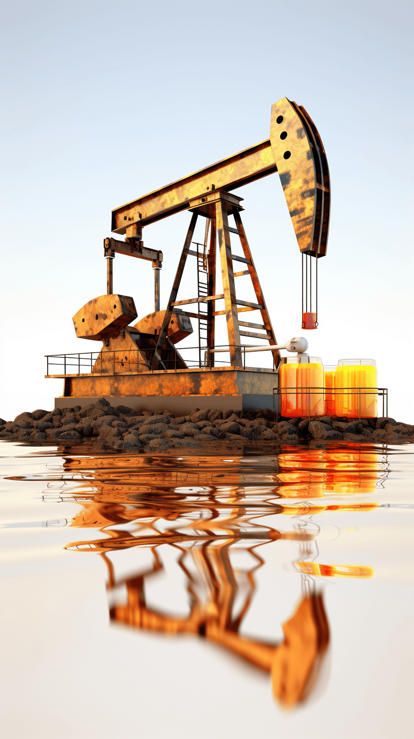 Oil pump in the water with reflection on white background, photorealistic in the style of 3d render, oil drum in foreground, orange light, yellow metal texture in the style of octane render.