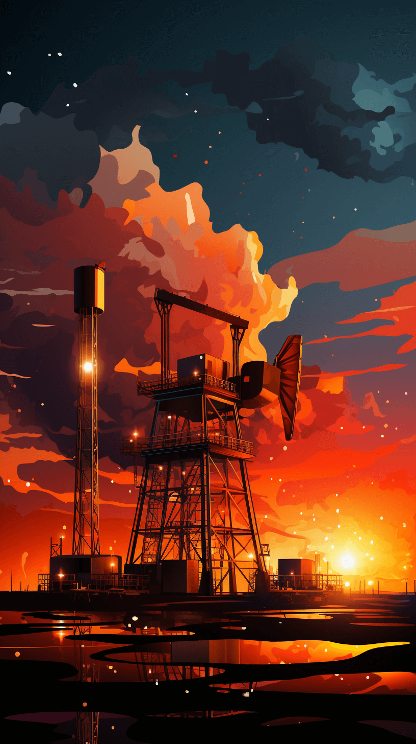 A vector illustration of an oil well pump at night, orange and red sky, in the anime style, in the style of [Atey Ghailan](https://goo.gl/search?artist%20Atey%20Ghailan) and J C Leyendecker