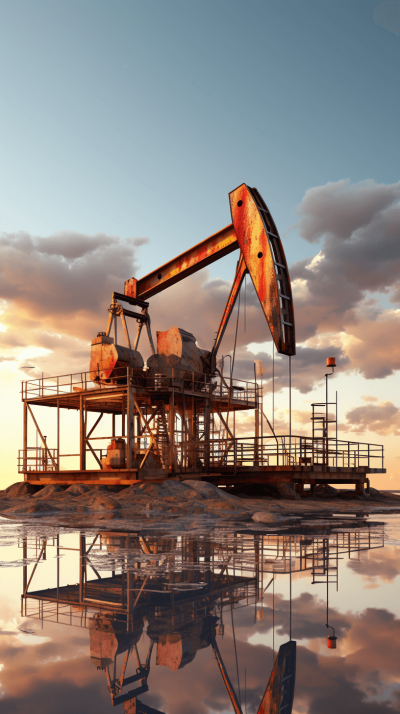 3d render of oil pump in the desert, with reflection on water surface, beautiful sky, photorealistic, octane rendering,