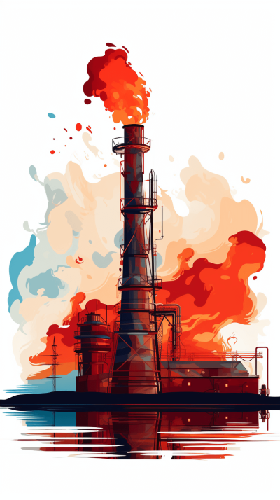 A flat illustration of an oil refinery plant with smoke coming out from its chimney, surrounded by water and red clouds on a white background. The illustration uses simple shapes in a vector art style with bright colors and a centered composition. It is a professional, high resolution digital art with intricate details and sharp focus, created in the style of vector art.