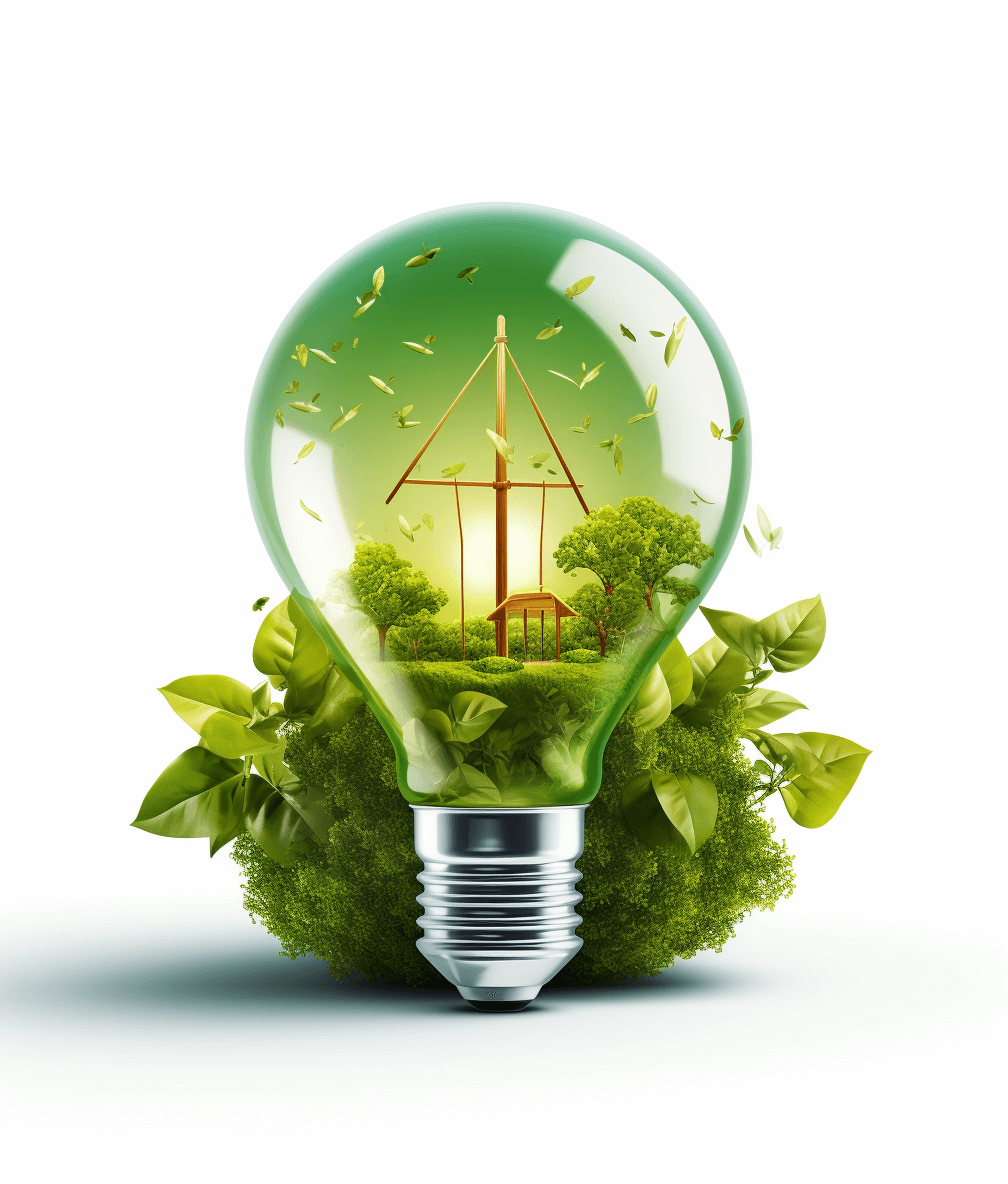 3d Realistic green energy concept, light bulb with windmill and forest inside . isolated on white background , detailed illustration, high resolution, professional photograph, The ultrahighresolution detail of the photo captured by Canon EOS1D X Mark III camera with an EF lens at f/8 aperture setting in bright natural lighting, sharp focus on entire scene, hyperrealistic details.