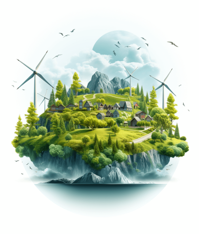 3D vector illustration of an island with wind turbines and green energy. There are also houses on the small mountain surrounded by trees. The whole scene creates a sense of environmental friendliness and harmony. White background, high resolution, colorful illustrations, clean shadows, natural light, forest atmosphere, green environment, sustainable design, hyperrealistic details, digital art techniques, floating in space in the style of environmental artists.