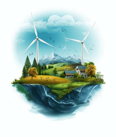 A wind turbine farm on top of an island in a lake surrounded by forest and mountains, with an isolated white background. The illustration style is similar to national park posters, with a hyper realistic depiction of the scene in high resolution. A house with solar panels is visible nearby. There is also water flowing down into a river at the bottom left corner. In front there should be some birds flying around, creating a peaceful scene of green energy production.