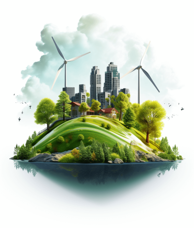 3D illustration of an island with wind turbines and greenery, surrounded by white clouds on a transparent background, showcasing the concept of sustainable energy in urban settings. In front are modern city buildings with tall skyscrapers. The earth's surface has grassy hills, trees, houses, water features like rivers or seas, creating a serene atmosphere. This design conveys ecofriendly living, sustainability, and harmony between nature and technology in the style of modern art.