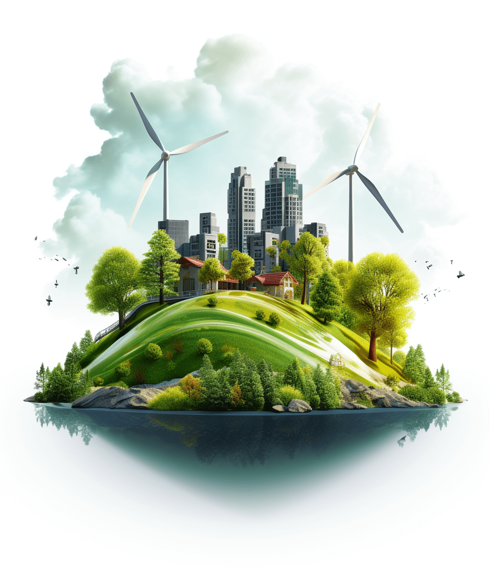 3D illustration of an island with wind turbines and greenery, surrounded by white clouds on a transparent background, showcasing the concept of sustainable energy in urban settings. In front are modern city buildings with tall skyscrapers. The earth’s surface has grassy hills, trees, houses, water features like rivers or seas, creating a serene atmosphere. This design conveys ecofriendly living, sustainability, and harmony between nature and technology in the style of modern art.