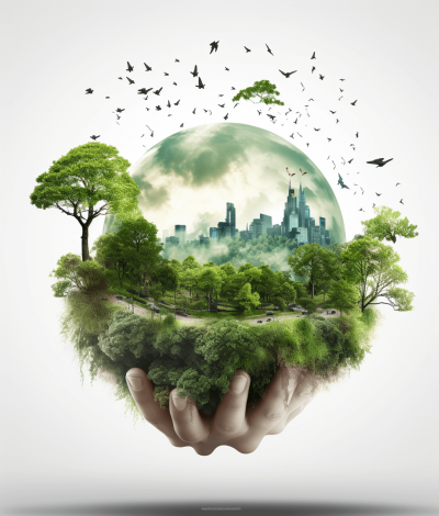 Realistic photograph of an earth with trees and buildings inside the hands, white background, birds flying in front of it, with light green color, representing environment protection concept. White background, detailed rendering , high resolution photography