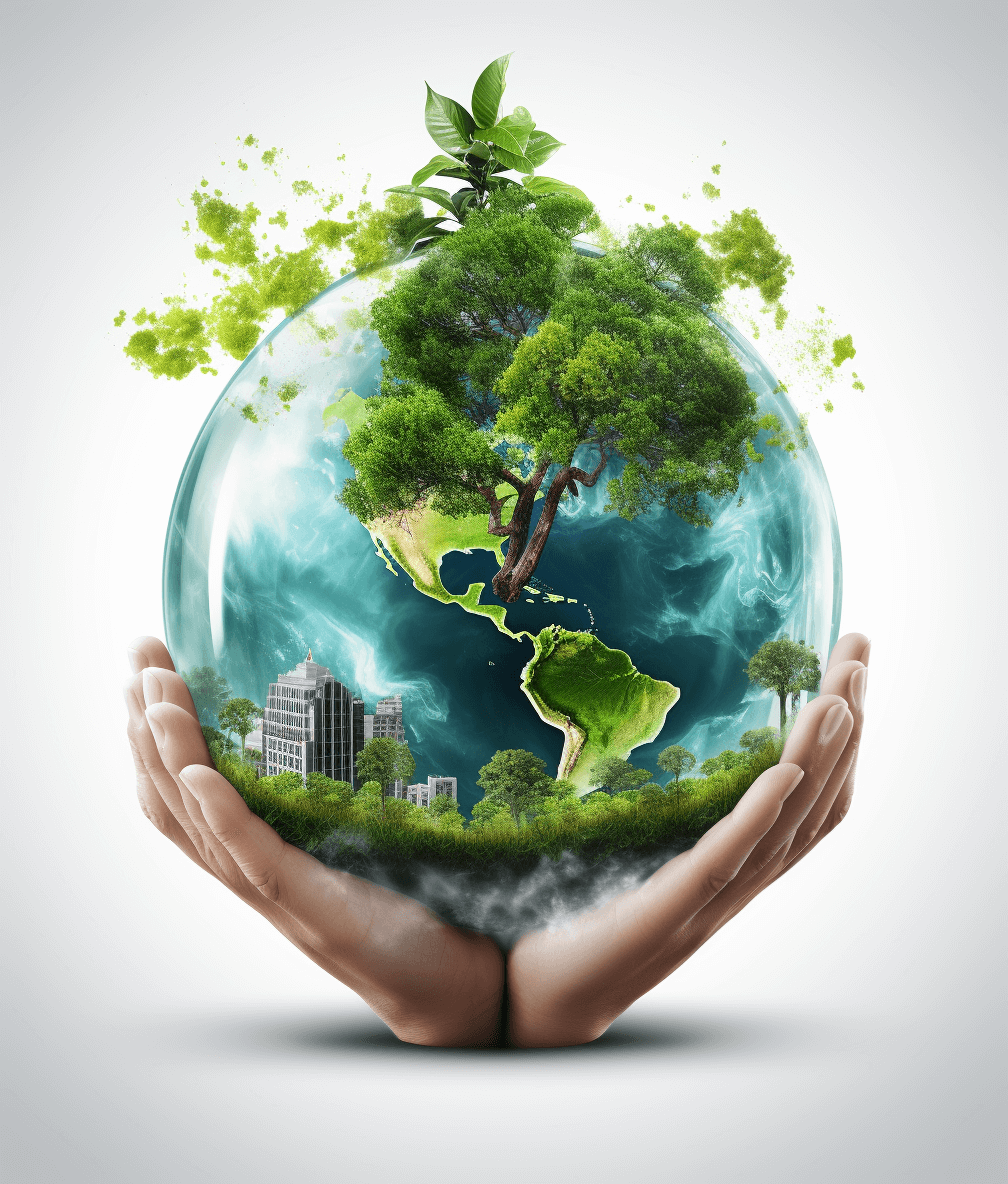 A realistic photo of Earth with green trees and buildings inside, held in hands on a white background, symbolizing environmental protection and sustainability. The globe is surrounded by lush vegetation and urban architecture, representing global care for nature. Isolated on a pastel background, the image is in the style of realistic photography.