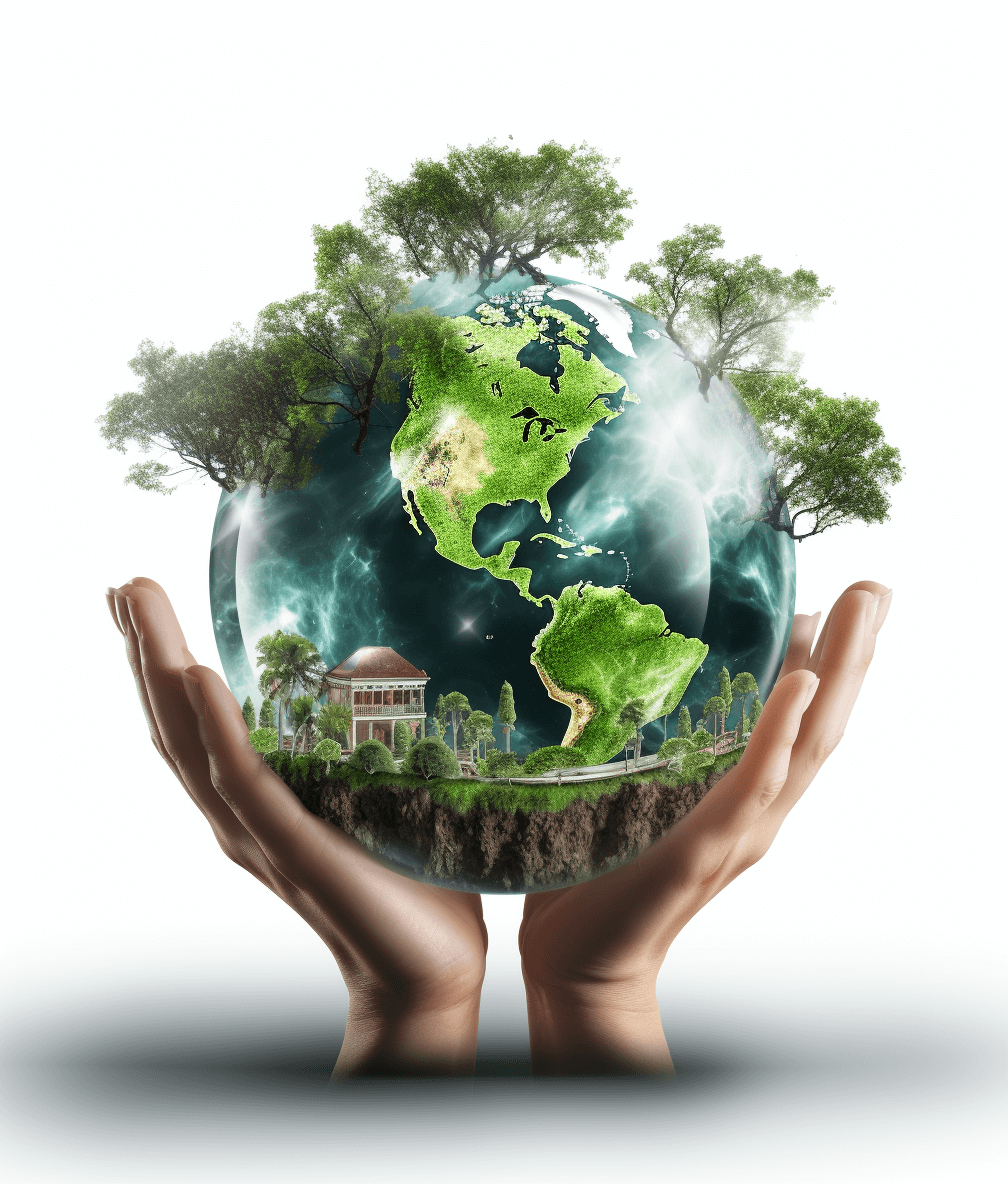 a realistic photo of an earth globe with green trees and houses inside, held in hands on white background,