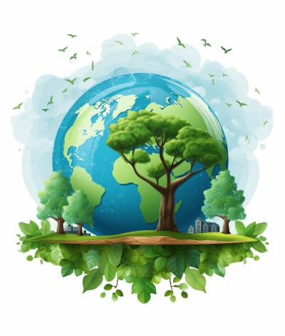 Eco friendly world illustration with trees, leaves and globe on white background vector Illustration of an earth planet in the shape of green tree branches with leafs isolated on transparent background cutout, PNG file design for decoration, isolated on white background, 3d rendering, Isolated on pastel background. Vector cartoon style deep depth focus