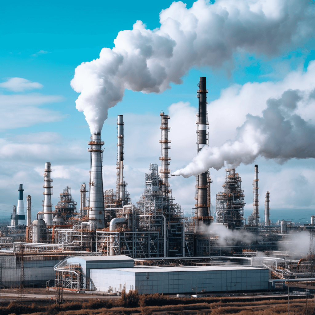 A large oil refinery with smoke coming out of the chimneys, white clouds in a blue sky, industrial landscape, wide angle, high resolution photography, taken with a Hasselblad X2D 100C camera, professional color grading, soft shadows, clean sharp focus, cinematic photography in the style of photography.