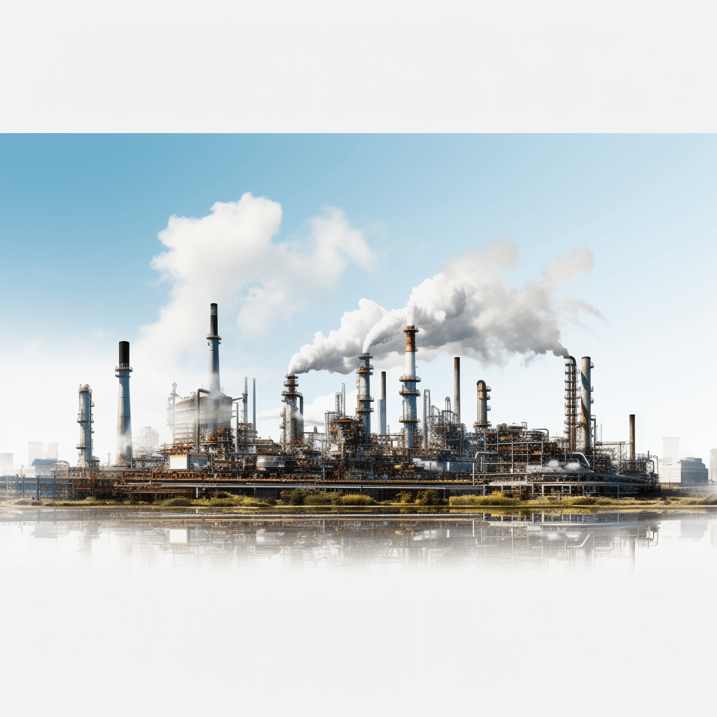 A large oil and gas processing plant with smokestacks emitting white clouds of steam, set against the backdrop of an industrial landscape with reflections on water. The scene is captured in a photorealistic style in the style of using Canon EOS R5 camera with wideangle lens. This composition emphasizes clean energy production and environmental friendliness within advanced petrochemical industry, Isolated on pastel background.