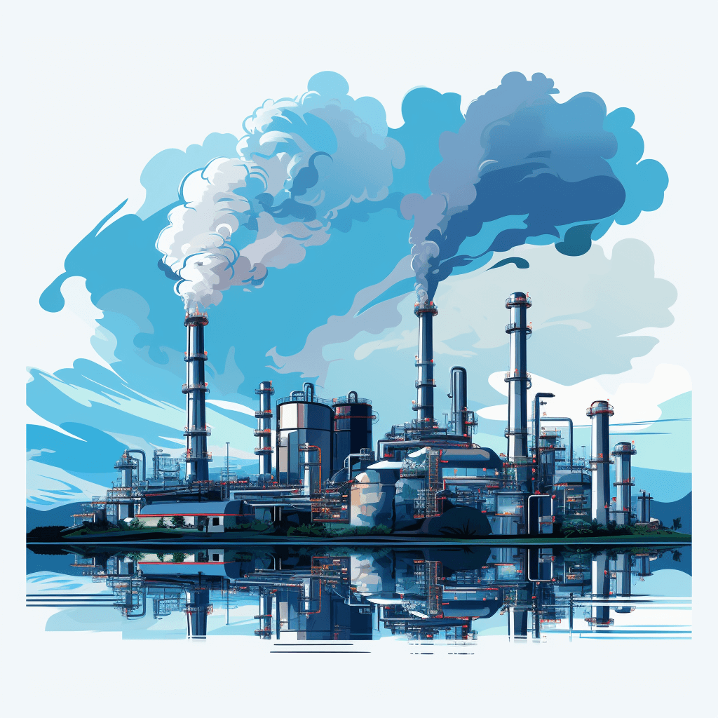 an industrial plant with smoke stacks, vector art, flat design, white background, blue sky, oil painting style, high resolution, high quality, high detail, high contrast, bright colors, wide angle lens, reflection on water surface, reflections of pipes and towers, smoke coming out from chimneys, reflections in the lake, reflections in liquid surfaces, reflections in glass windows, reflections in metal parts, reflections in buildings.