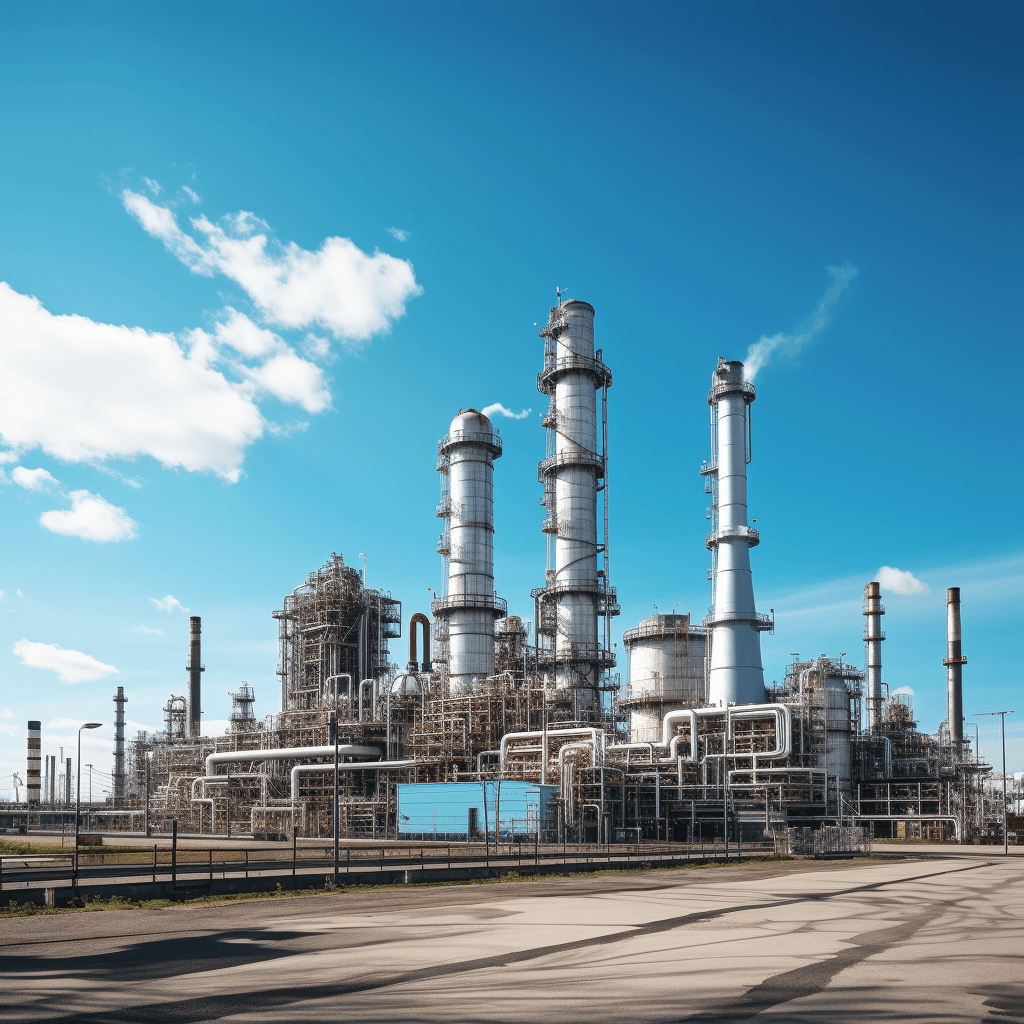 An industrial plant with large metal pipes and white chimneys against the blue sky. A wide shot of an oil production facility or petrochemical factory, showcasing tall structures with steel construction. The scene is set outdoors on a bright daylight with no clouds in sight. This is a photorealistic image captured in the style of a Sony Alpha camera with a high resolution digital SLR.