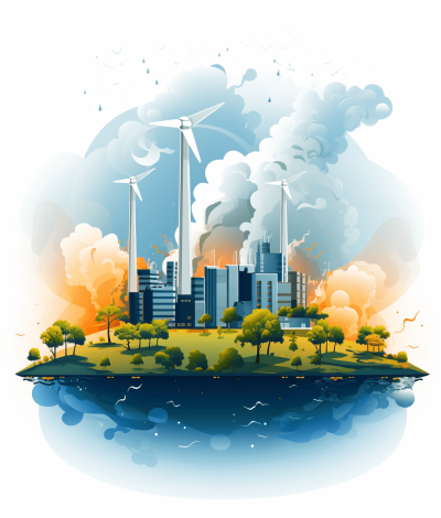 An illustration of an island with modern buildings and wind turbines, surrounded by greenery on the left side and smoke coming from industrial chimneys in front. The background is white and blue, creating contrast between natural elements like trees and clouds against urban architecture. This design symbolizes sustainable energy use within cityscapes. Vector Illustration, digital art style, high resolution, with no text or logos. The illustration is in the style of vector art.