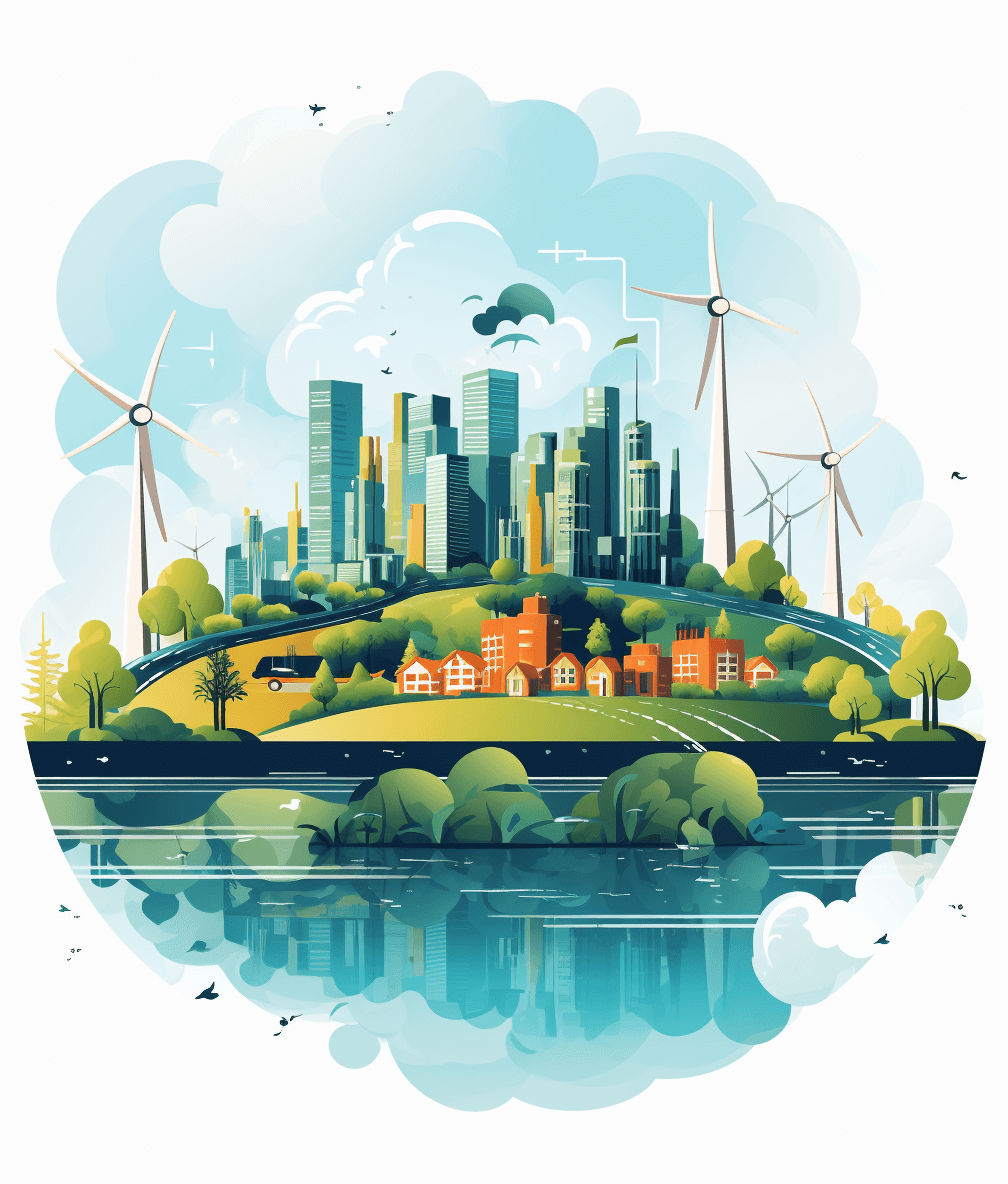 An ecofriendly cityscape illustration featuring wind turbines, solar panels and lush greenery and water bodies in the style of corporate illustrations. The editorial illustration uses a circular frame on a white background with vector graphics and light sky blue tones in a colorful cartoon style with high resolution, high detail and high quality.