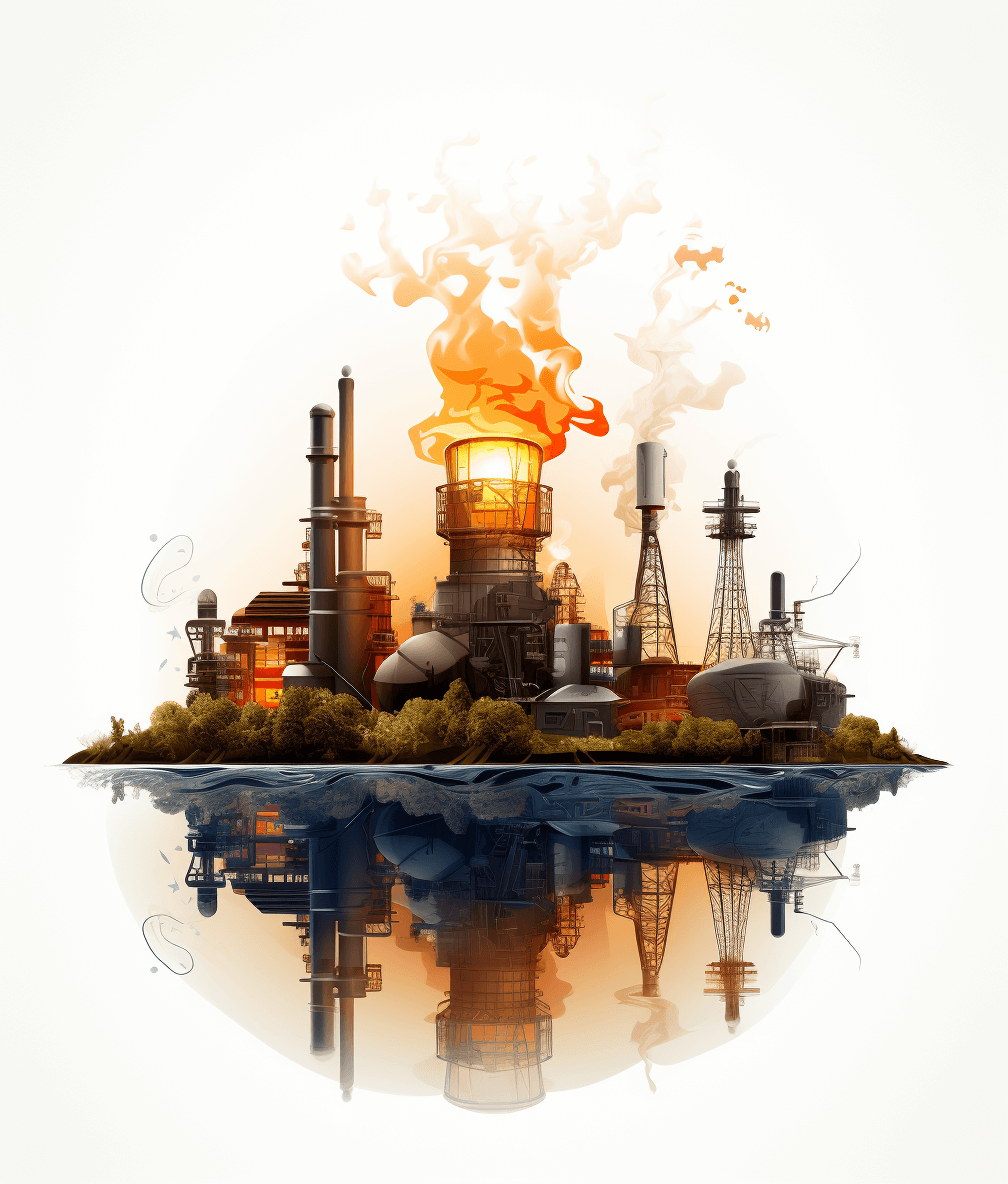 A floating island with an industrial plant, burning oil equipment, smoke and fire, in the style of a vector illustration, white background, high resolution, no shadows, symmetrical composition, front view, bright colors, reflections of water on the ground.