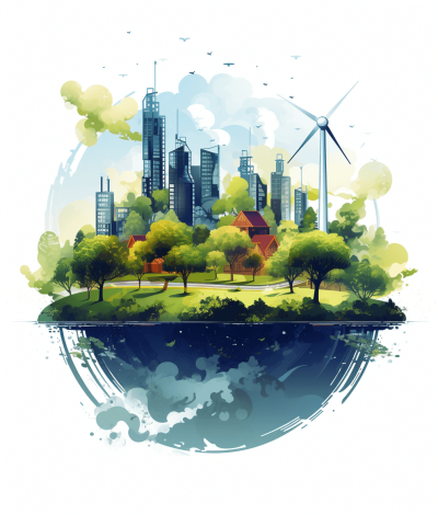 A flat vector illustration of Earth with green trees and buildings. Wind turbines are on the right side and houses are in front of them. A park is at its center surrounded by tall skyscrapers. The style is reminiscent of watercolor clipart with a minimalistic design on a white background. The illustration is highly detailed with sharp focus in a hyper realistic style.