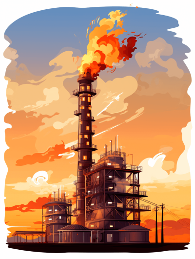 An oil plant with smoke coming out of the chimney, vector illustration in the style of a flat design, cartoon style. White background with an orange and blue color palette. High resolution, high contrast, high details. Wide angle lens with a sunset lighting effect and dynamic composition giving it a vintage poster feel.