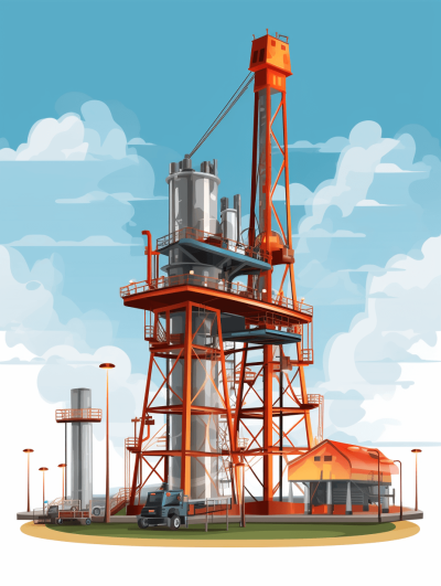 A cartoon oilfield tower, flat design, white background, vector illustration style, high resolution, and very detailed details. The scene includes an orange steel structure with industrial architecture on the ground floor. A blue sky in the backround is filled with clouds. On one side of it stands another building that has light gray walls. There is also some equipment around it such as lamps, vehicles, houses, silos, gas towers, etc., all depicted in the style of a cartoon.