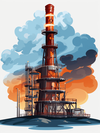 A flat illustration of an oil refinery. The structure is made up of metal pipes and structures, with smoke billowing from the chimney. It stands on land near water, surrounded by blue sky and white clouds. The overall color scheme mainly consists of red tones, creating a strong contrast between light and dark colors. This design highlights industrial elements while also adding some artistic atmosphere to it. Vector Illustration in the style of Flat Style.