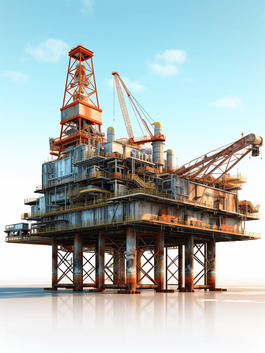 Oil rig, perspective view, white background, hyperrealistic illustration style, high resolution, bright colors, clear and sharp focus, high detail, professional photography, depth of field, soft lighting, wideangle lens, octane render, HDR rendering, highly detailed, awardwinning photography.