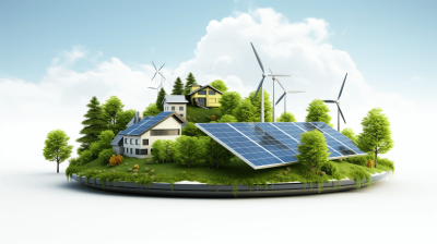 A realistic photo of an island with wind turbines and solar panels, surrounded by green trees. The scene includes houses made from ecofriendly materials like bamboo or stone. A blue sky above highlights the contrast between natural elements and modern energy technologies in the style of energy technologies.