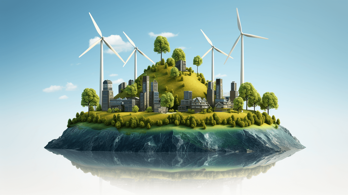 A floating island with wind turbines and greenery, symbolizing sustainable energy in urban areas. in the style of realistic photo.