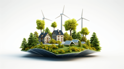 3D rendering of an island with wind turbines, solar panels and trees on it. There is also a house in the center. The background color should be white to make the green elements stand out more clearly. This concept symbolizes sustainable energy flow for home use. In some places there may be other houses or buildings around the scene.