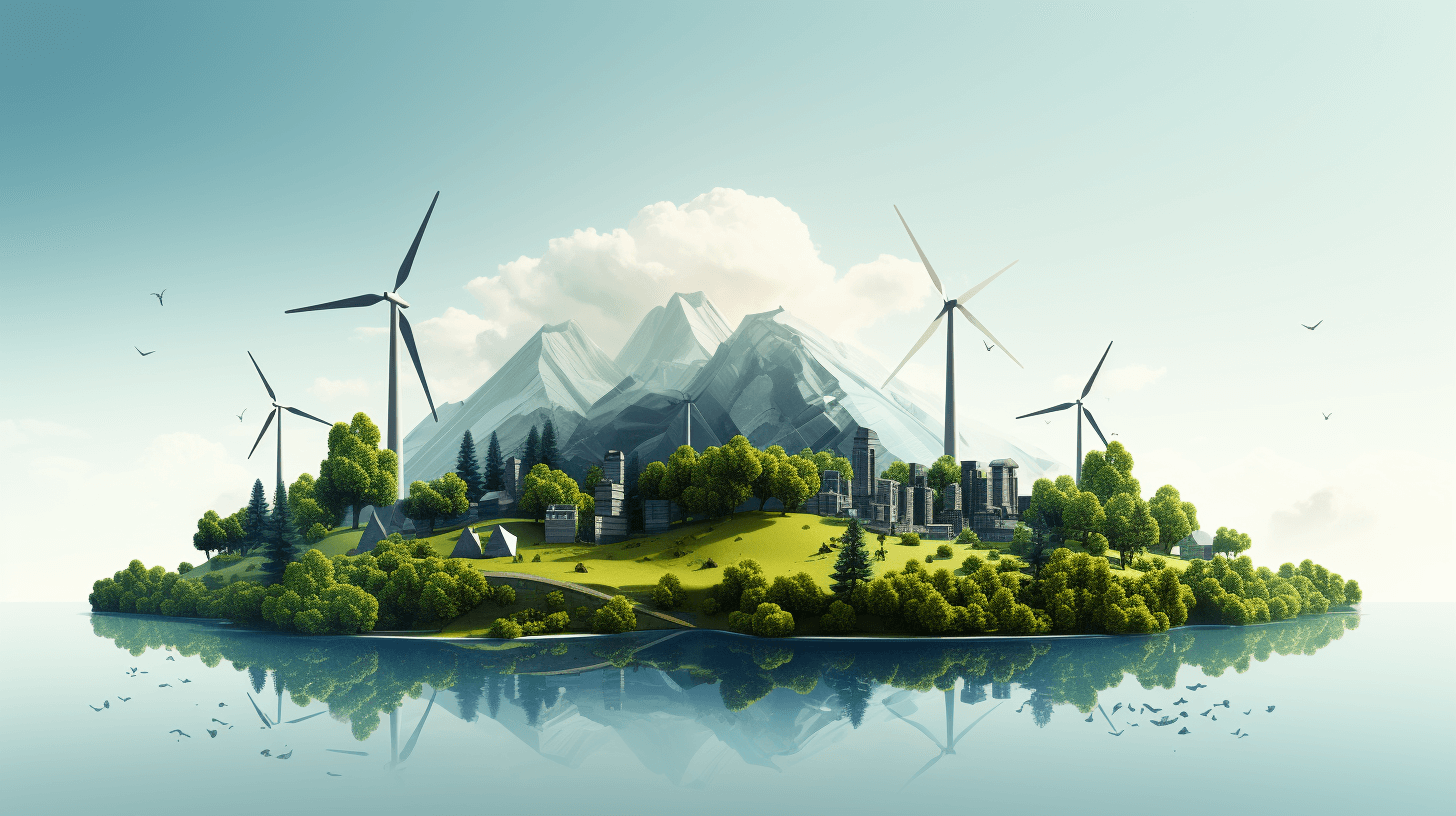 A realistic illustration of an island with wind turbines and a green energy production facility, surrounded by mountains and trees, symbolizing the use of renewable forms of power in sustainable technology. The illustration is in the style of realistic artwork.