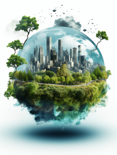 3D realistic world environment day. A green city on the earth globe with trees and buildings inside a glass sphere against an isolated white background, in the style of a detailed illustration captured at high resolution in a professional photographic style. The ultrahigh resolution camera captures intricate details in an ultrarealistic style, stock photo, colorful, white background.