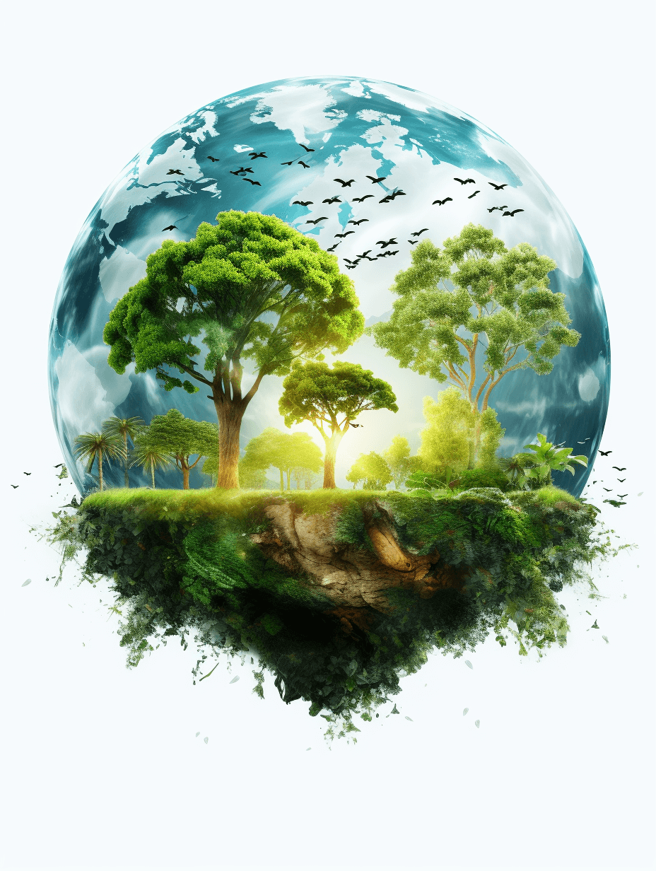 Surrealistic illustration of the Earth with trees and birds on it, white background, in the style of hyperrealism, vibrant colors, high resolution, high detail, sharp focus, digital photography