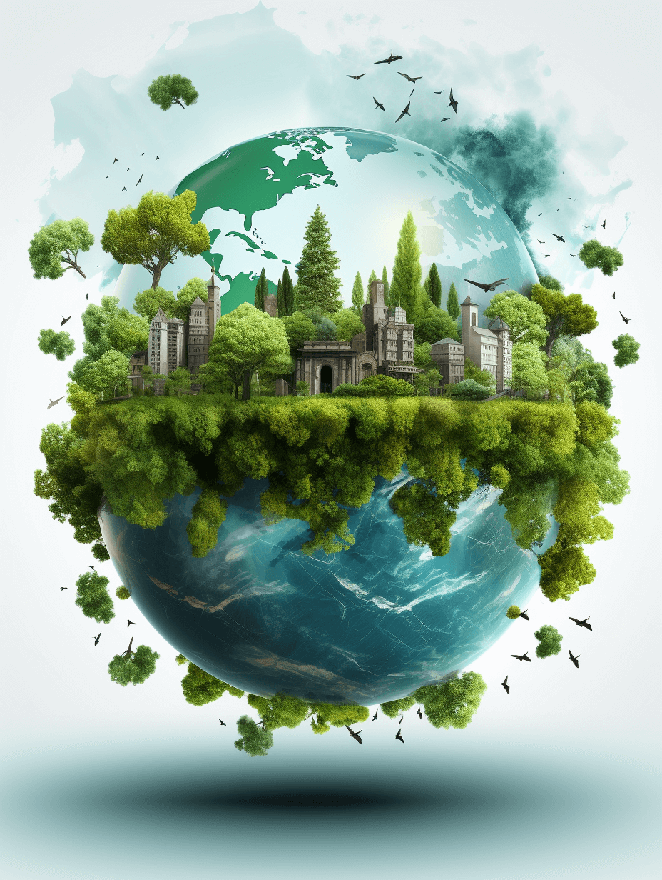 An eco-friendly world with green trees and buildings on the planet isolated on a white background, detailed illustration in the style of high resolution photography, stock photo in the style of professional color grading, HDR.