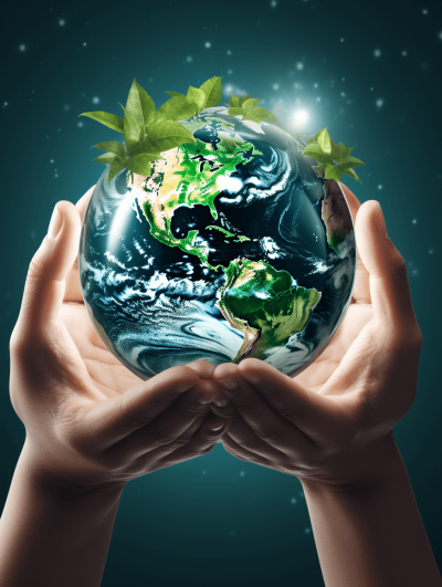 Hands holding the earth with green leaves on it, stock photo, dark blue background, space around planet earth, global environmental concept, global world environment day, world peace theme.